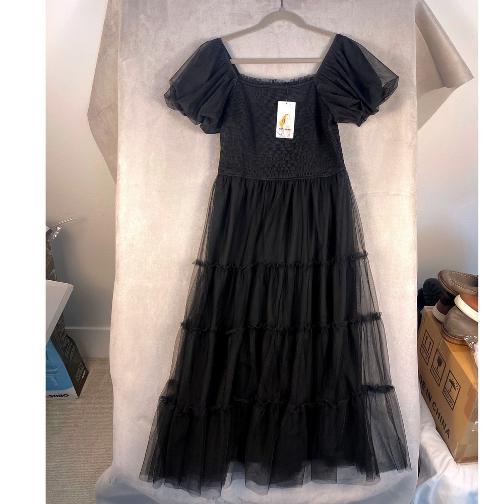 Womens Black Tulle Smocked Puff Sleeve Tiered Midi Dress Large NWT Whimsygoth